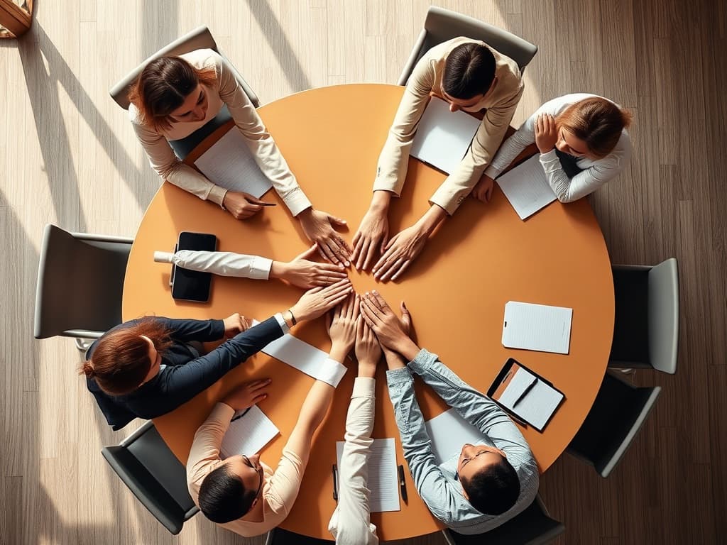 Top-down view of the NorthRun team seated around a tavern table with their hands stacked together in the middle